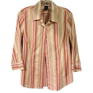 GAP Stretch Women's Button Down Vintage Beige Red Stripe Y2K‎ Preppy Blouse